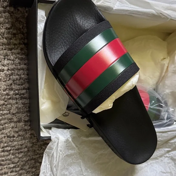 Gucci | Shoes | Gucci Black Slides With Green And Red 